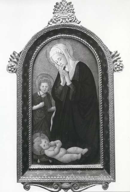Anonimo — Pseudo Pier Francesco Fiorentino - sec. XV - Madonna in adorazione del Bambino con san Giovannino — insieme, con cornice